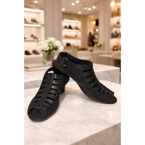 Munro Abbey Women 8.5 Black Nubuck Slingback Heels Open Toe Strappy Stacked Heel